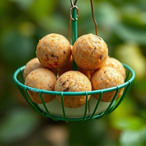 Green metal feeder holding multiple fat balls
