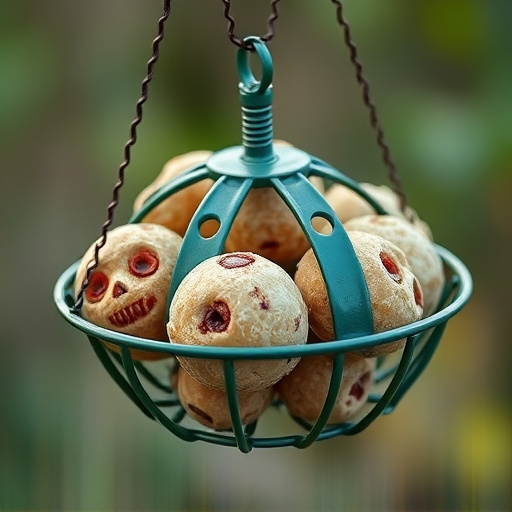 Green metal feeder holding multiple fat balls