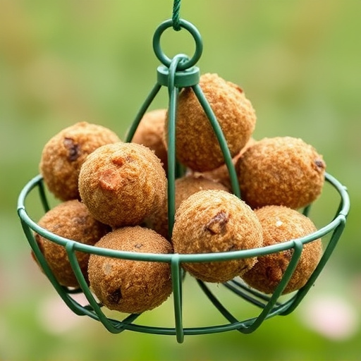 Green metal feeder holding multiple fat balls