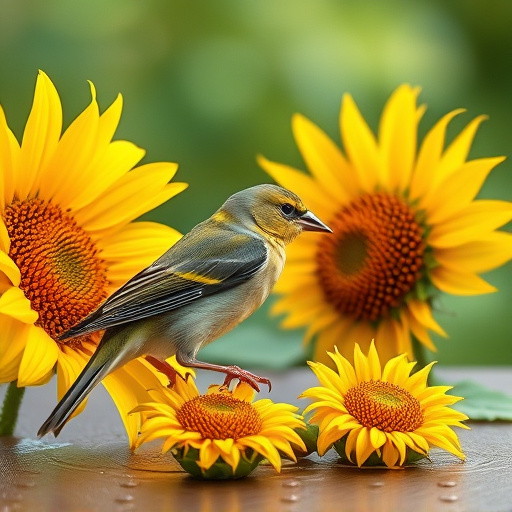 Greenfinch eating sunflower hearts at table