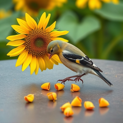 Greenfinch eating sunflower hearts at table