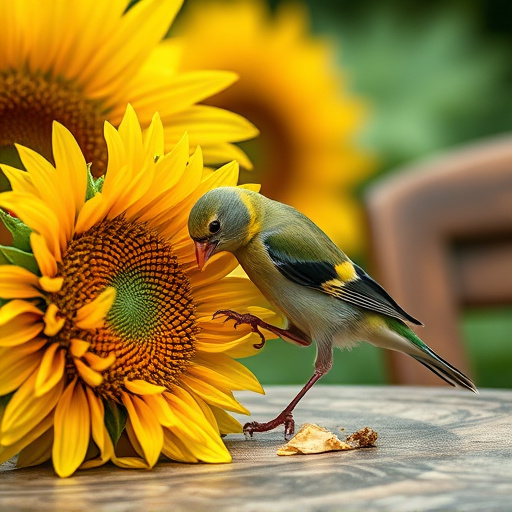 Greenfinch eating sunflower hearts at table
