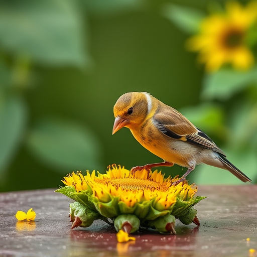 Greenfinch eating sunflower hearts at table