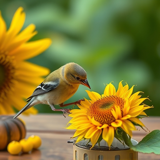 Greenfinch eating sunflower hearts at table