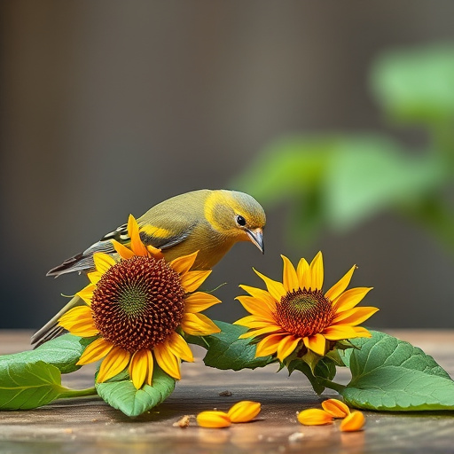 Greenfinch eating sunflower hearts at table
