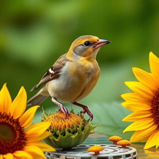 Greenfinch eating sunflower hearts at table
