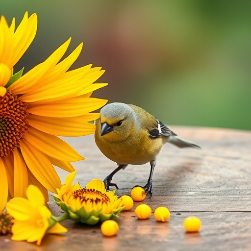 Greenfinch eating sunflower hearts at table