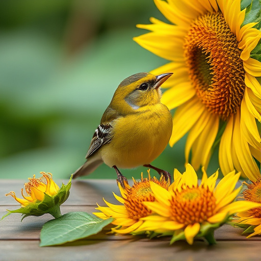 Greenfinch eating sunflower hearts at table