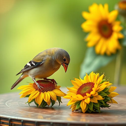 Greenfinch eating sunflower hearts at table