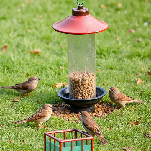 Ground bird feeder on lawn with sparrows