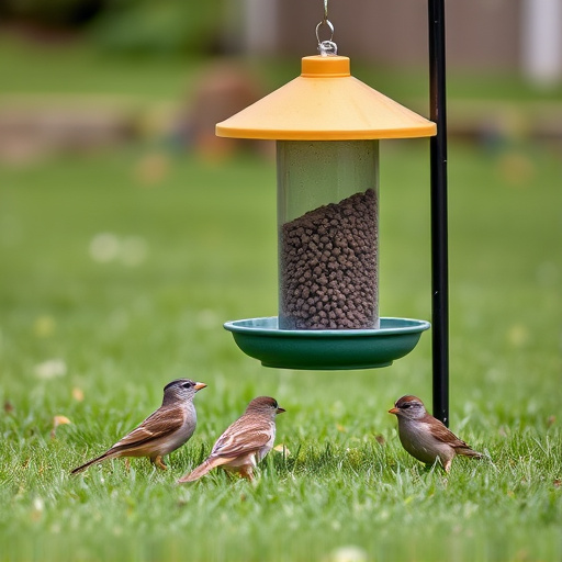 Ground bird feeder on lawn with sparrows