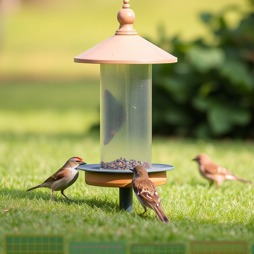 Ground bird feeder on lawn with sparrows