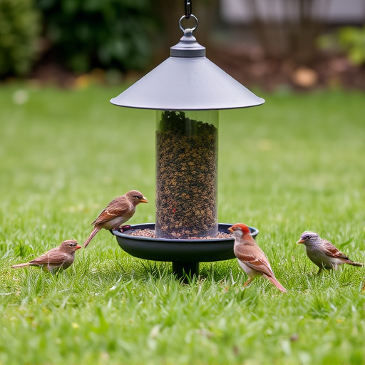 Ground bird feeder on lawn with sparrows