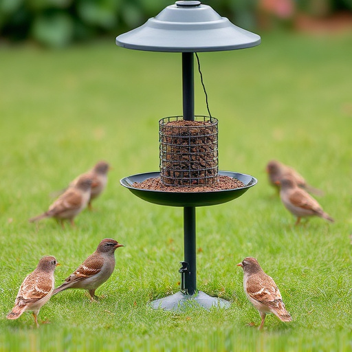 Ground bird feeder on lawn with sparrows