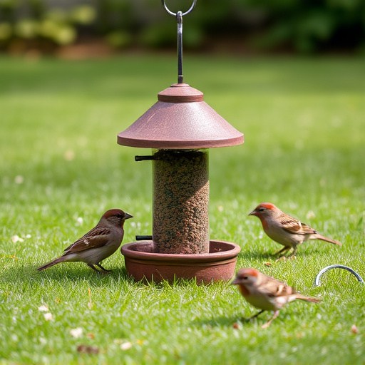 Ground bird feeder on lawn with sparrows