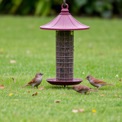 Ground bird feeder on lawn with sparrows