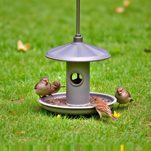 Ground bird feeder on lawn with sparrows