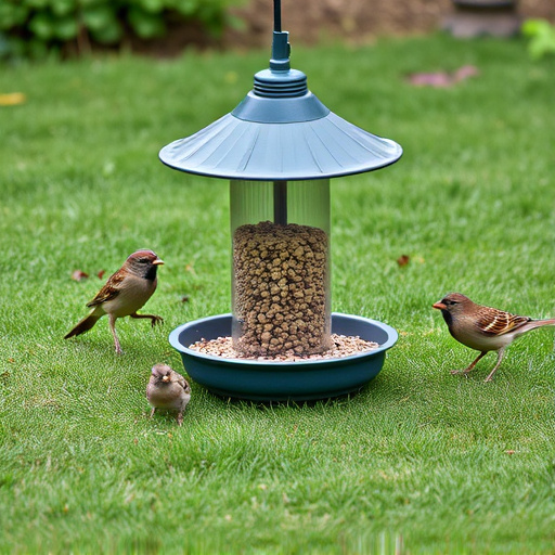 Ground bird feeder on lawn with sparrows