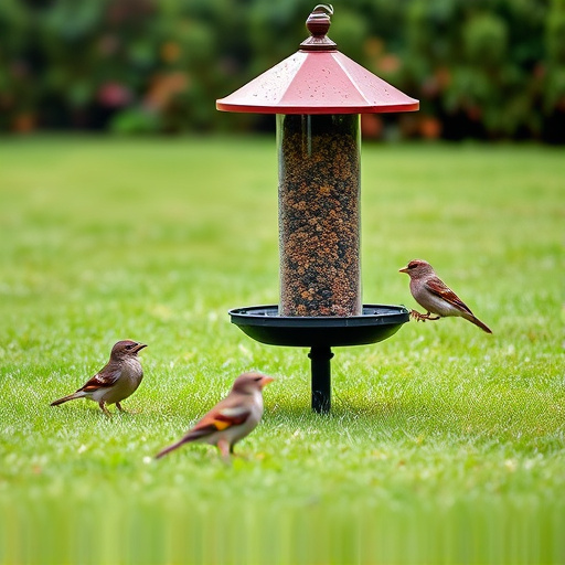 Ground bird feeder on lawn with sparrows