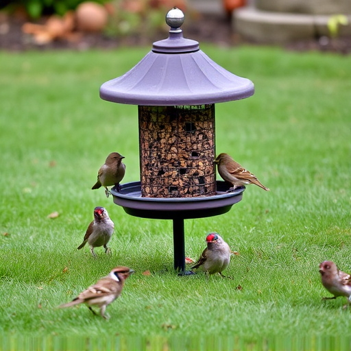 Ground bird feeder on lawn with sparrows