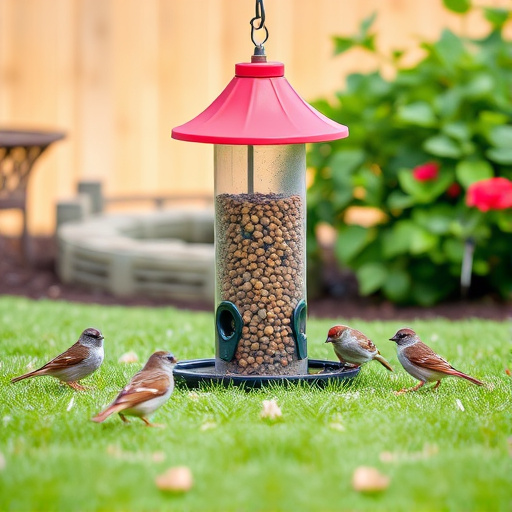 Ground bird feeder on lawn with sparrows