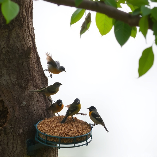 Ground feeder under tree with mixed birds