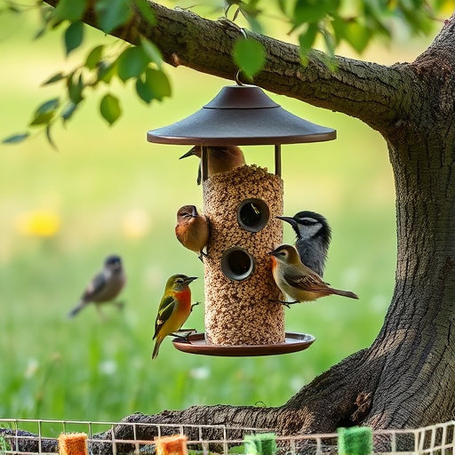 Ground feeder under tree with mixed birds