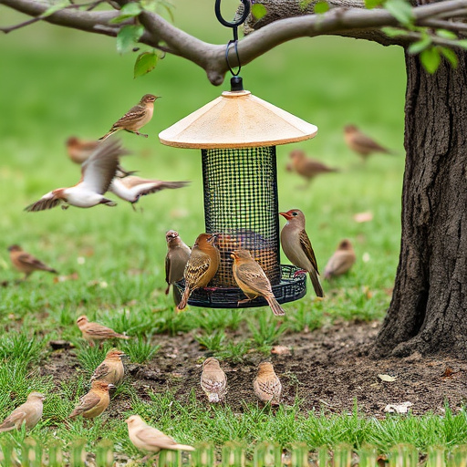 Ground feeder under tree with mixed birds