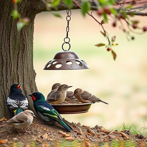 Ground feeder under tree with mixed birds