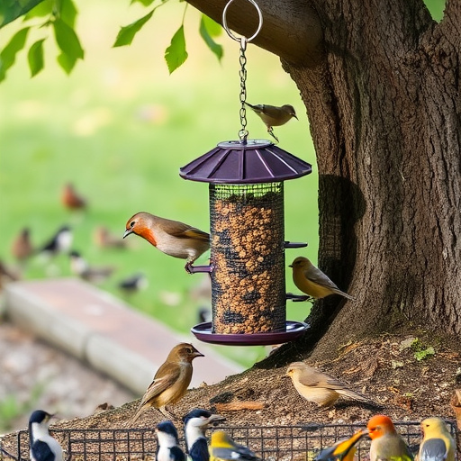 Ground feeder under tree with mixed birds
