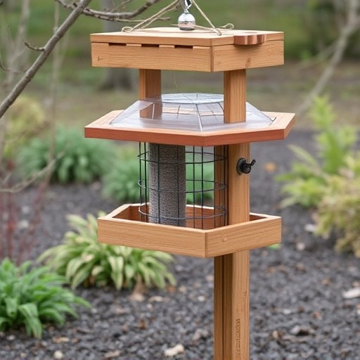 Ground-level feeder with wooden rain canopy