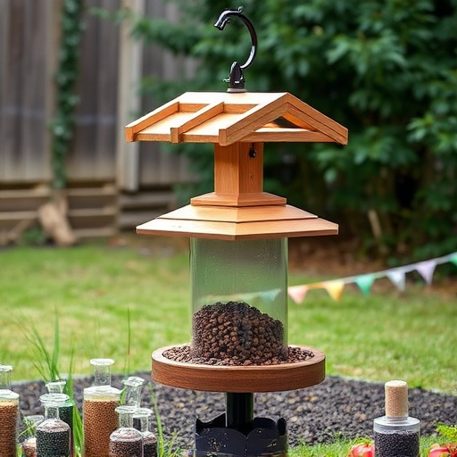 Ground-level feeder with wooden rain canopy
