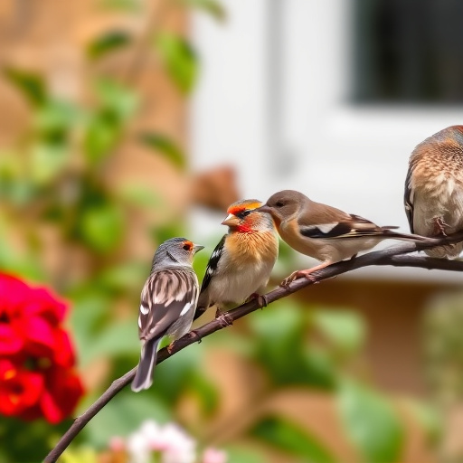 Group of finches feeding in garden