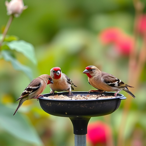Group of finches feeding in garden