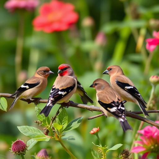 Group of finches feeding in garden