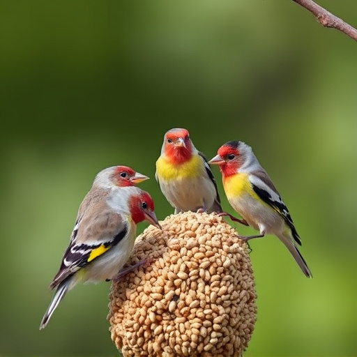 Group of finches feeding on nyjer seed