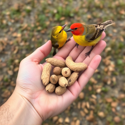 Hand holding fresh peanuts for birds