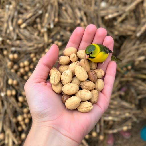 Hand holding fresh peanuts for birds