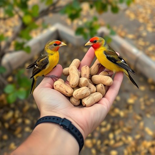 Hand holding fresh peanuts for birds