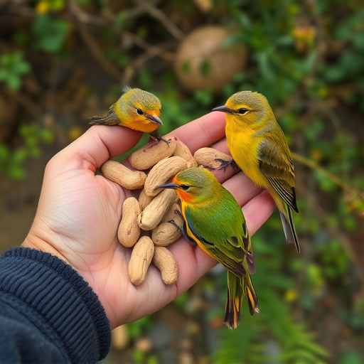 Hand holding fresh peanuts for birds