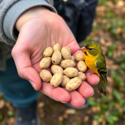 Hand holding fresh peanuts for birds