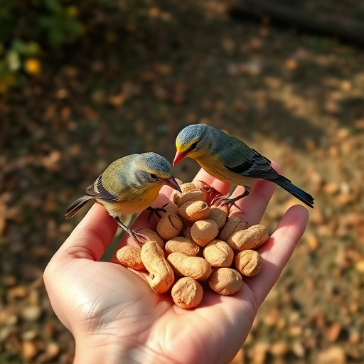 Hand holding fresh peanuts for birds