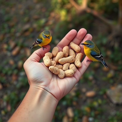 Hand holding fresh peanuts for birds
