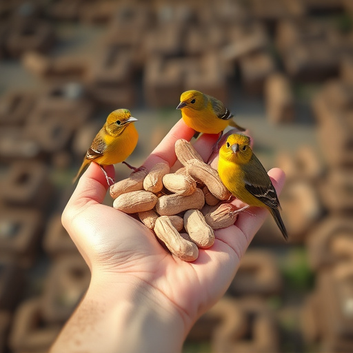 Hand holding fresh peanuts for birds