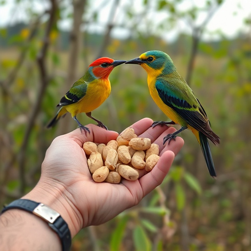 Hand holding fresh peanuts for birds