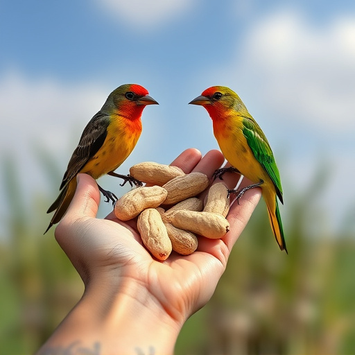 Hand holding fresh peanuts for birds