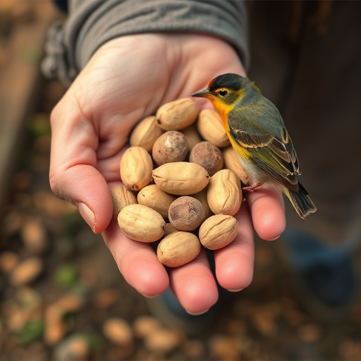 Hand holding fresh peanuts for birds