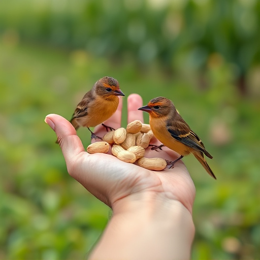 Hand holding fresh peanuts for birds