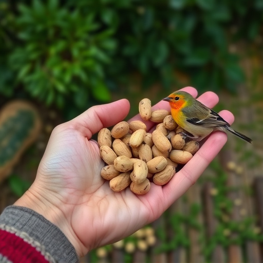 Hand holding fresh peanuts for birds