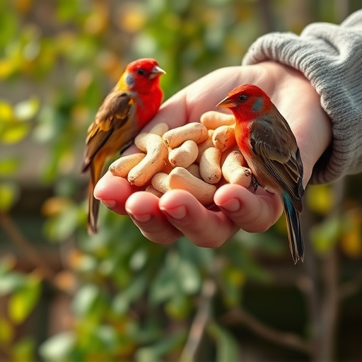 Hand holding fresh peanuts for birds